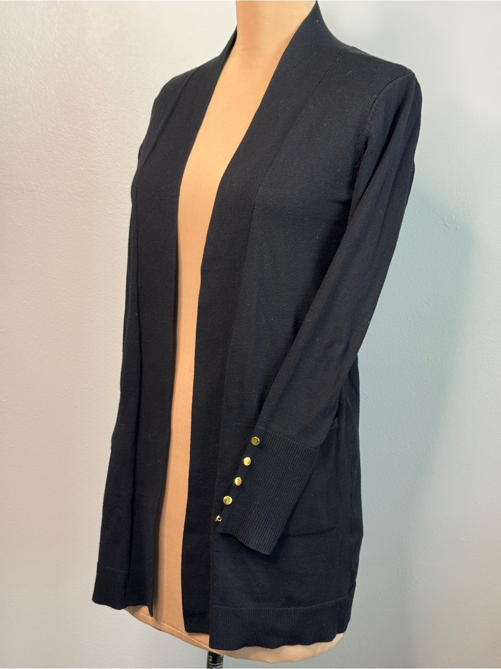 Black Long Cardigan Open Gold Cuff Buttons Stretch Primark XS Pockets